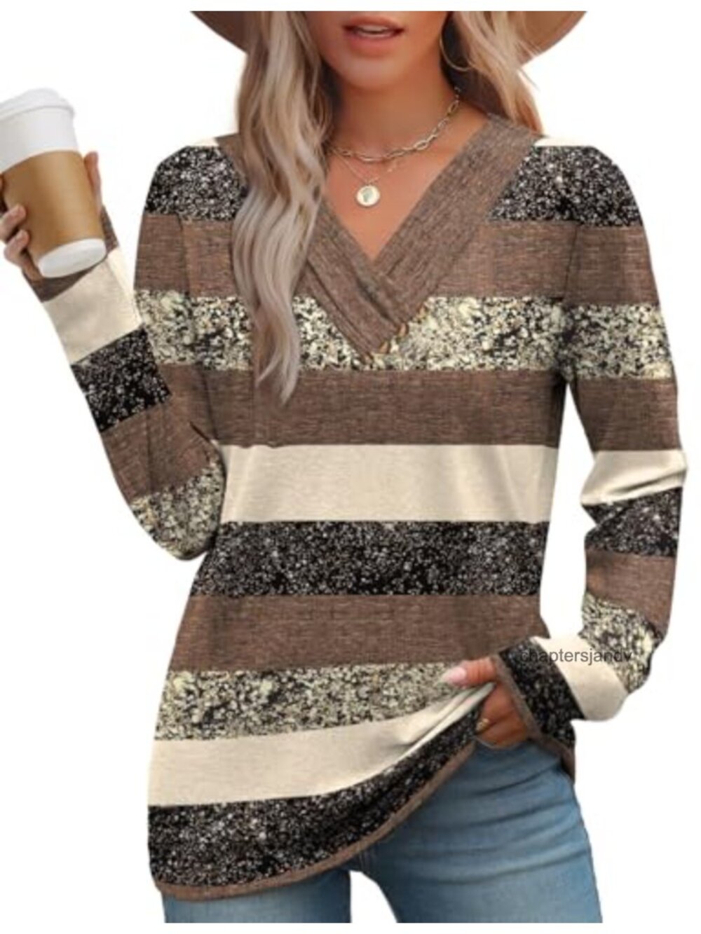 Long Sleeve V-Neck Button Down Tunic Top for Women